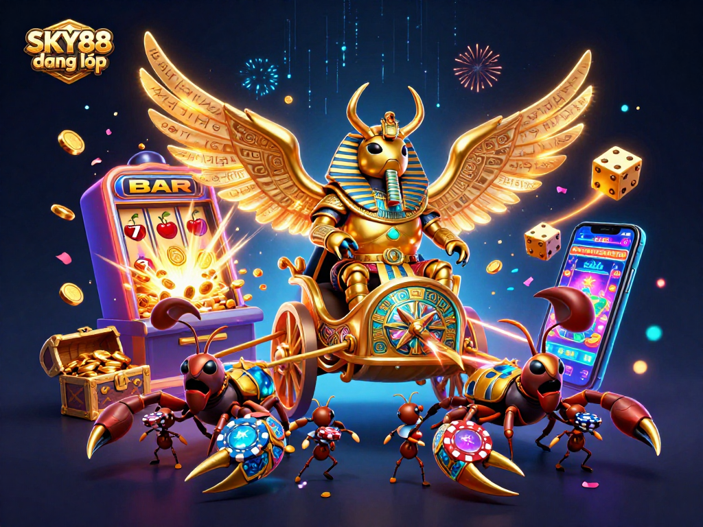 Engage in thrilling gameplay with SKY88 đăng nhập, surrounded by vibrant casino symbols and energetic characters.