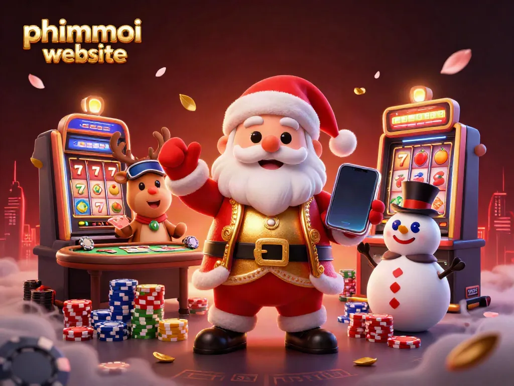 Spin for fortunes at the phimmoi website with Santa, a reindeer dealer, and a poker chip snowman.