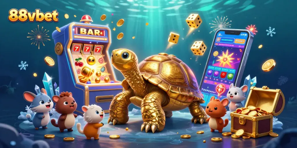 Experience thrilling gameplay at 88vbet with a vibrant casino scene featuring colorful slot machines and dynamic action.