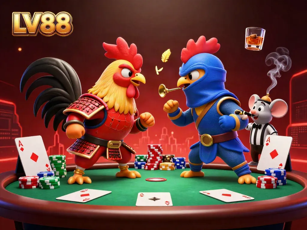 Engage in thrilling battles at LV88 with epic fighting roosters, poker elements, and dynamic casino visuals.