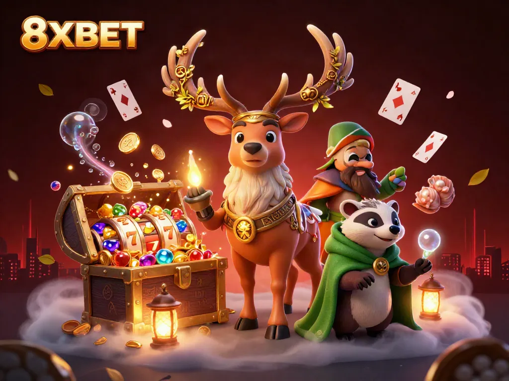 Experience the magical world of 8XBET with this vibrant, 3D illustration of enchanting characters amidst casino treasures.