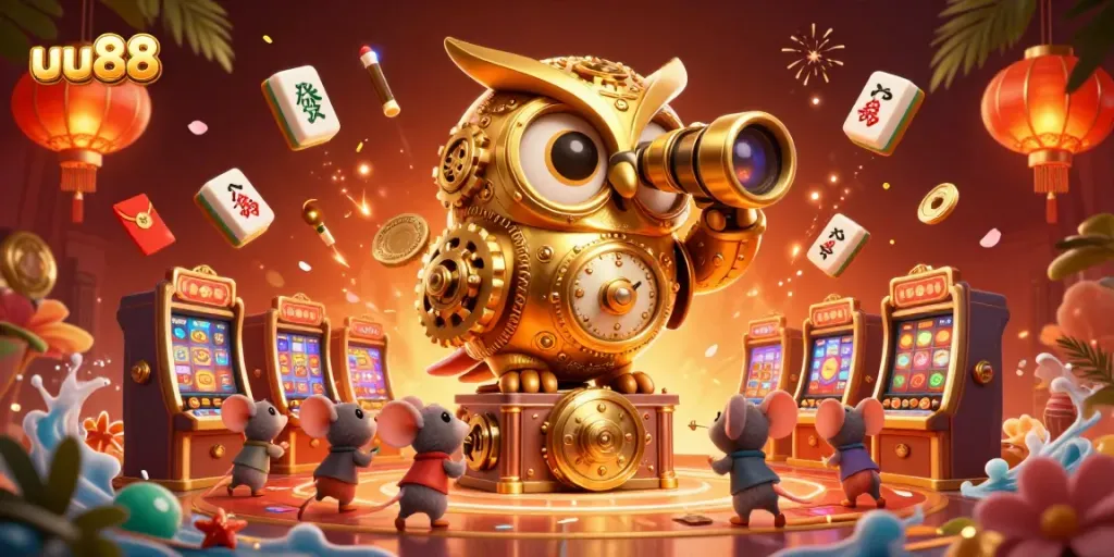 Experience the vibrant world of uu88 with a 3D golden owl surveying a dynamic casino scene filled with excitement.