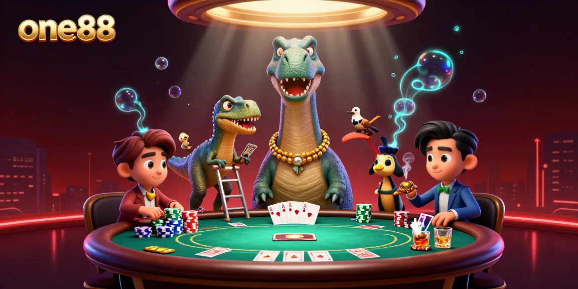 Experience the excitement of one88 with this vibrant 3D illustration of a dinosaur-themed casino scene.