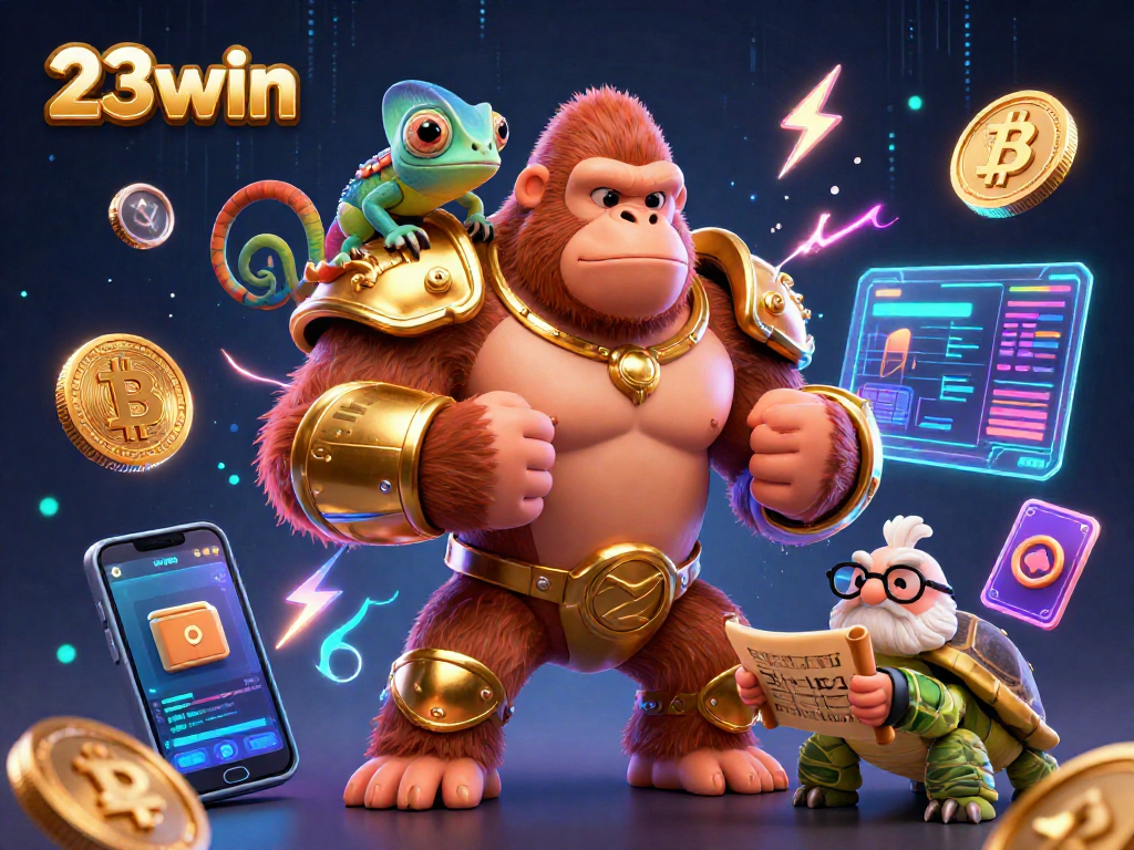 Engage in thrilling fun with 23win, illustrated by powerful gorilla king and colorful gambling elements.