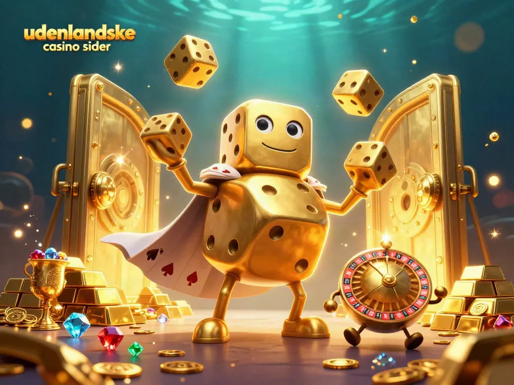 Engage in the excitement of udenlandske casino sider with this vibrant 3D gaming scene featuring golden dice and rich treasures.