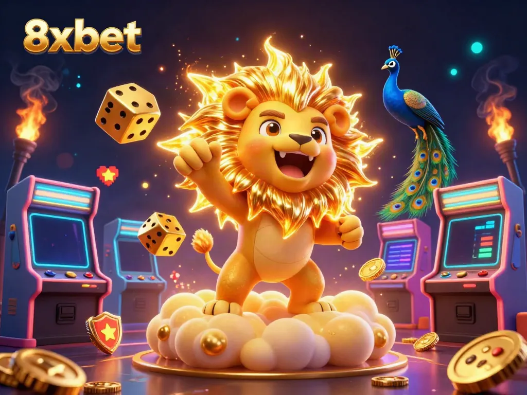 Experience thrilling gameplay at 8xbet with a colorful casino-themed illustration featuring 3D characters and dynamic game elements.