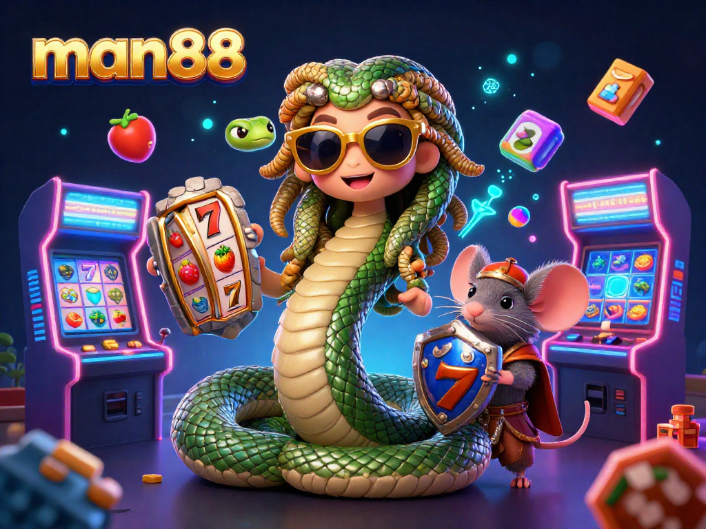 Engaging Medusa and warrior mouse at man88's vibrant casino game scene.