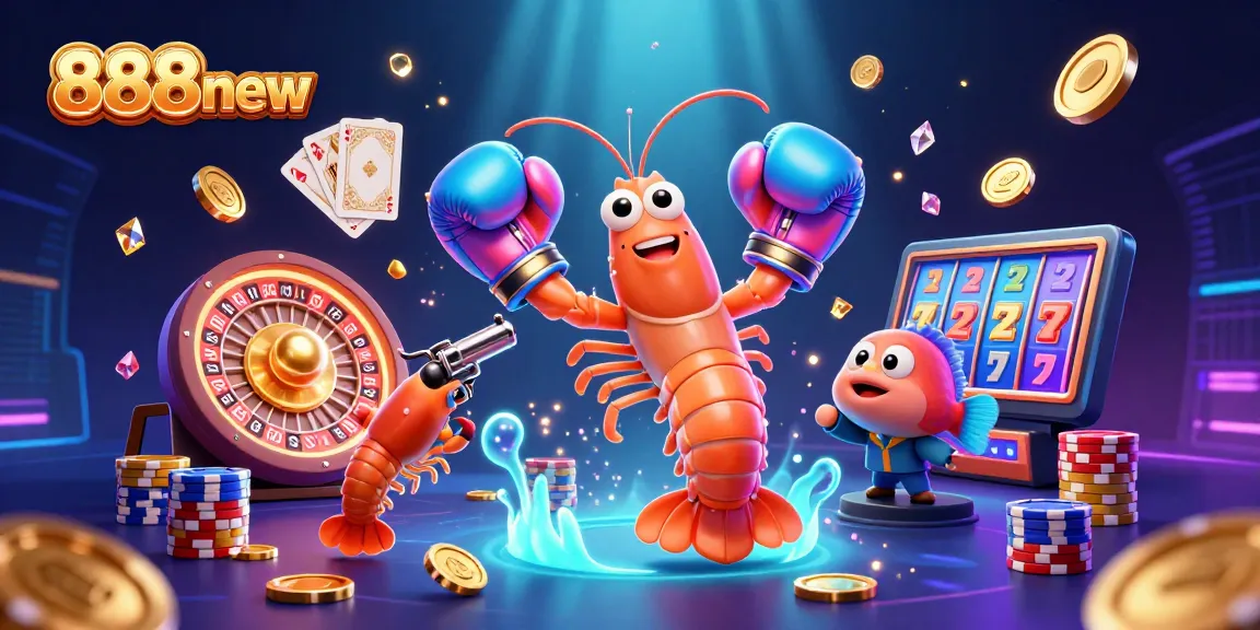Experience the excitement of 888new with vibrant characters and dynamic gambling elements in this colorful illustration.