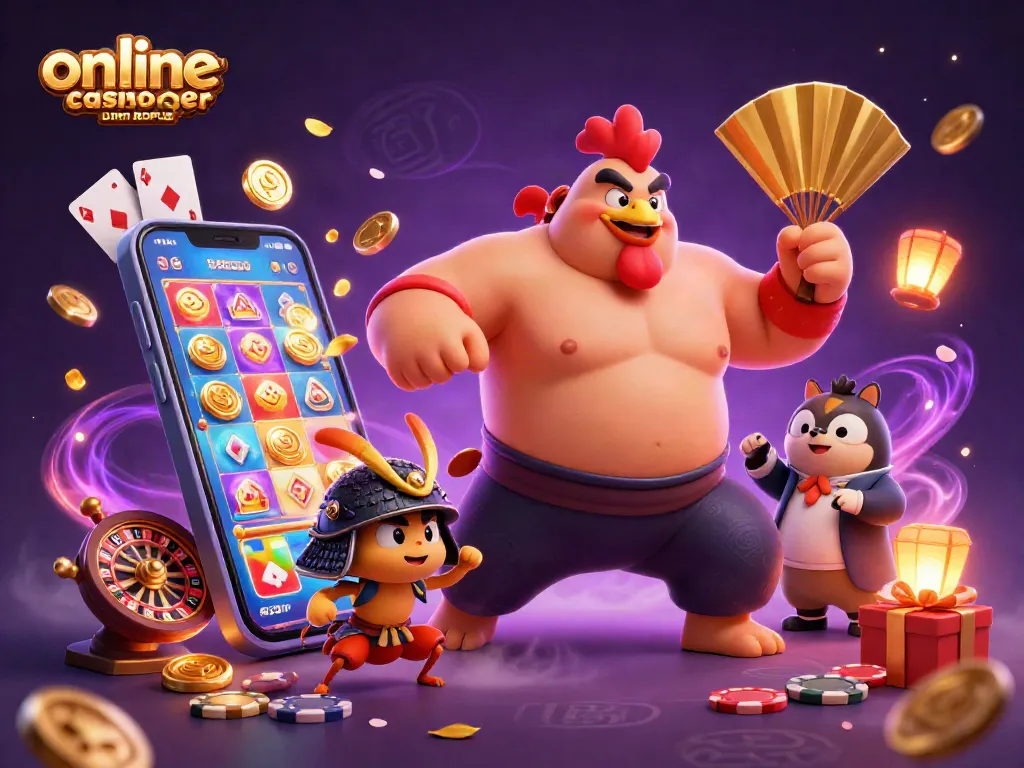 Engaging scene of online casinoer uden ROFUS with dynamic cartoon characters and vibrant gambling elements.