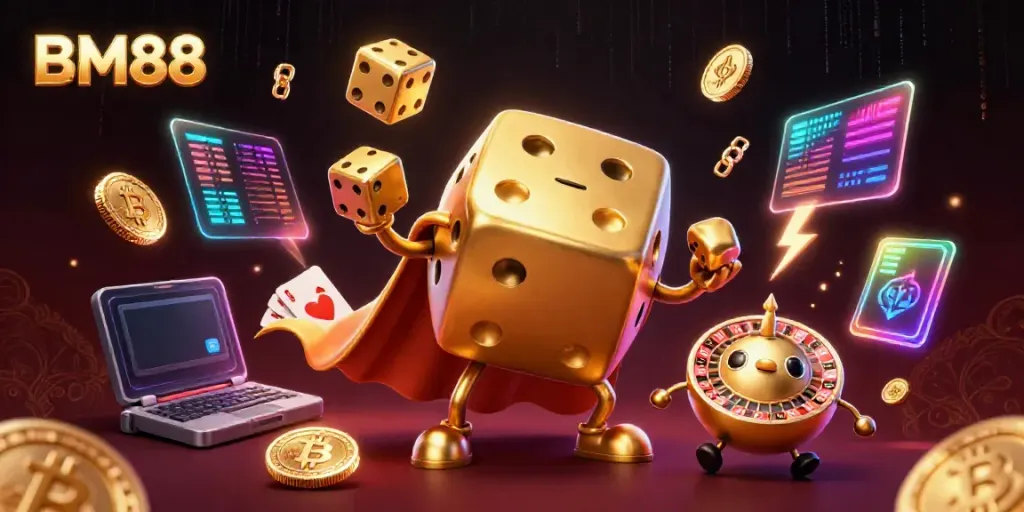 Engage with the vibrant energy of BM88, showcasing a golden dice golem and cryptocurrency elements.