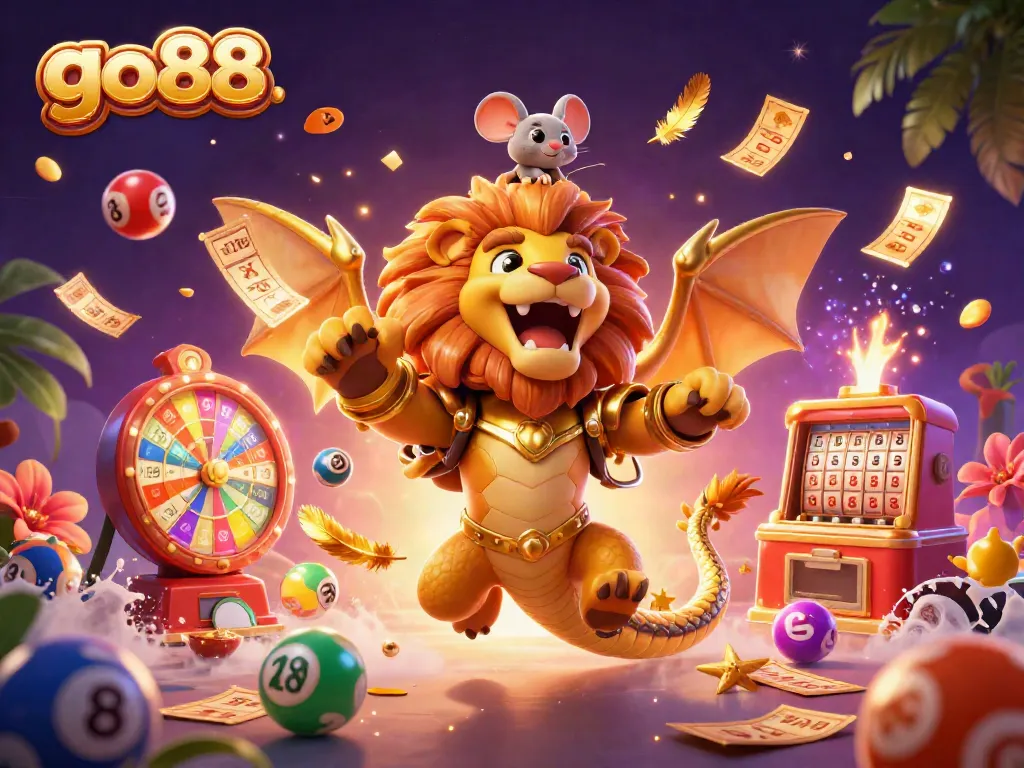 Experience the excitement of go88 with lottery balls, a chimera, and vibrant casino elements in a dynamic illustration.