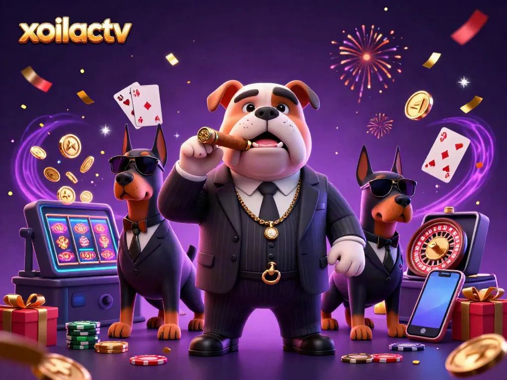 Experience thrilling action at xoilactv with a cartoon mafia bulldog and his Doberman guards surrounded by vibrant gambling elements.