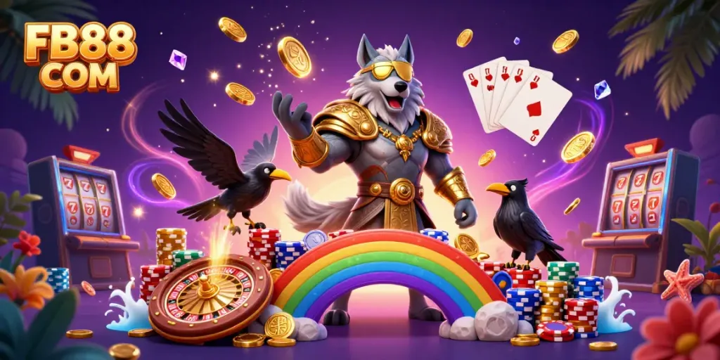 Engage with the dynamic world of FB88 COM, showcasing a vibrant casino illustration filled with action and excitement.