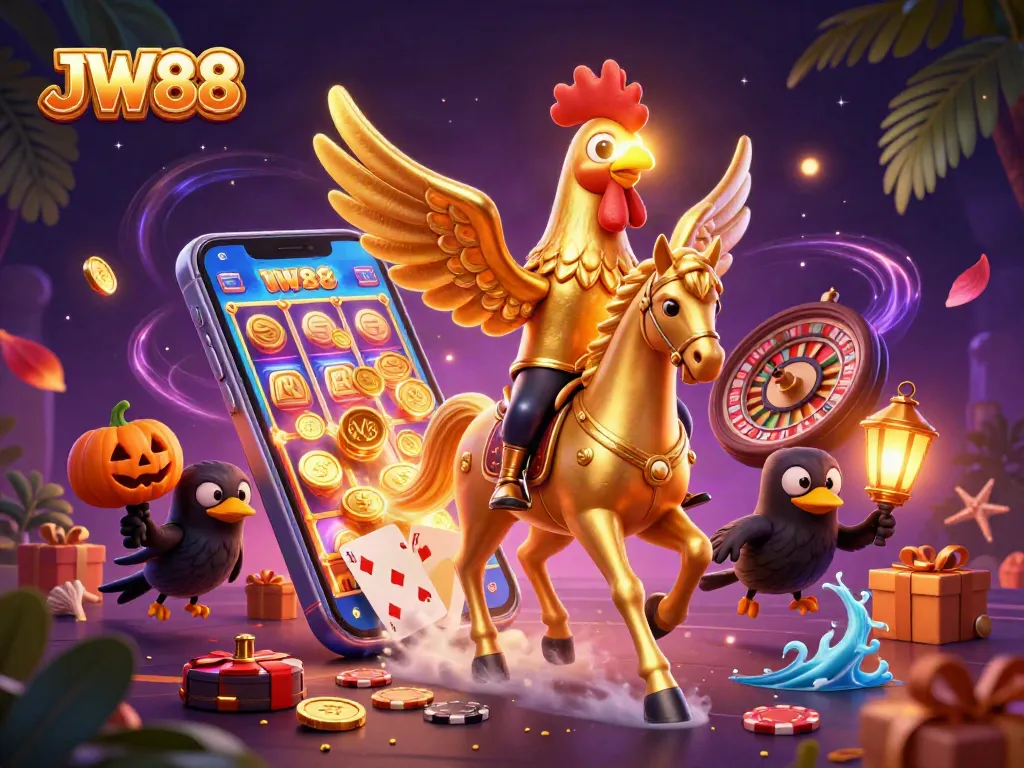 Engage in thrilling gaming adventures at JW88 with the golden rooster and playful pumpkins in a dazzling casino.