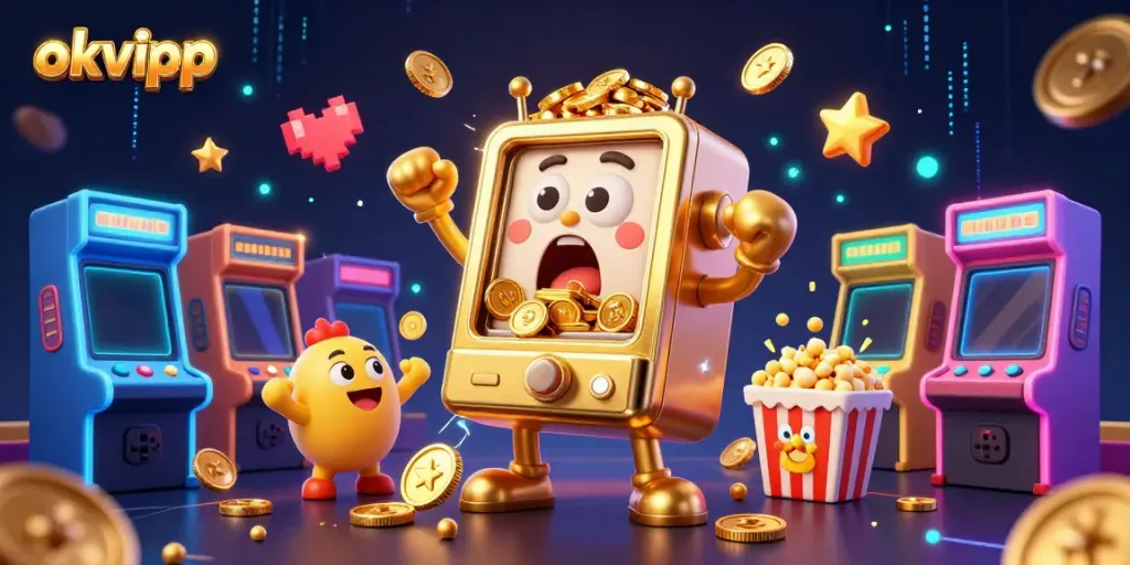 Experience thrilling jackpots with okvipp's lively slot machines, coins pouring from joyous wins.