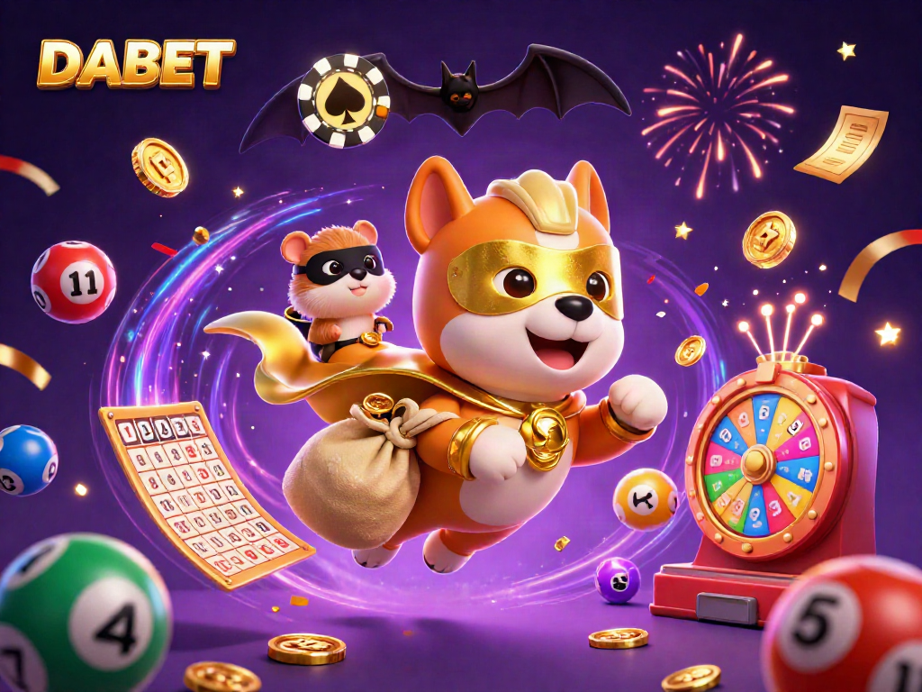 Engage with DABET's exciting world of gambling through a vibrant illustration showcasing a superhero dog and colorful casino elements.