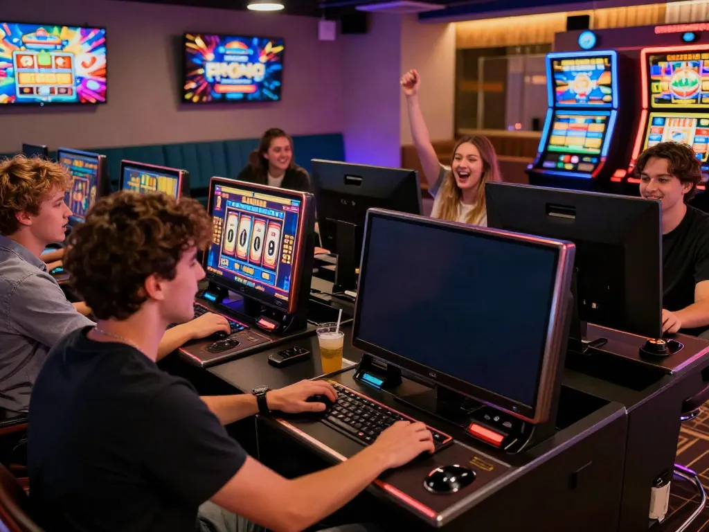 Exciting online gaming atmosphere with players at DA88 engaged in slot games.
