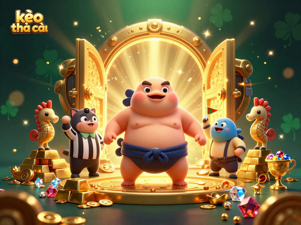 Engage in kèo nhà cái with a lively underwater scene featuring a puffed-up fugu sumo, wise catfish referee, and lively spectators.