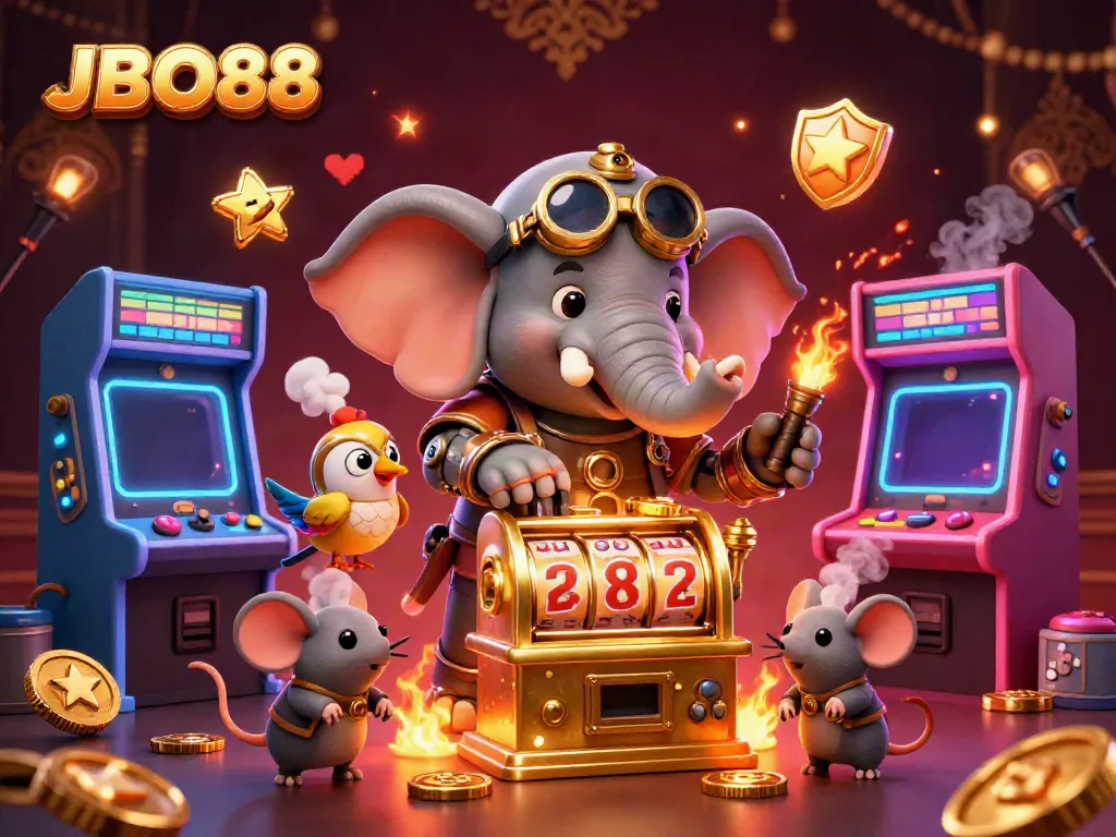 Experience excitement at JBO88 with a vibrant 3D cartoon steampunk scene featuring a golden slot machine.