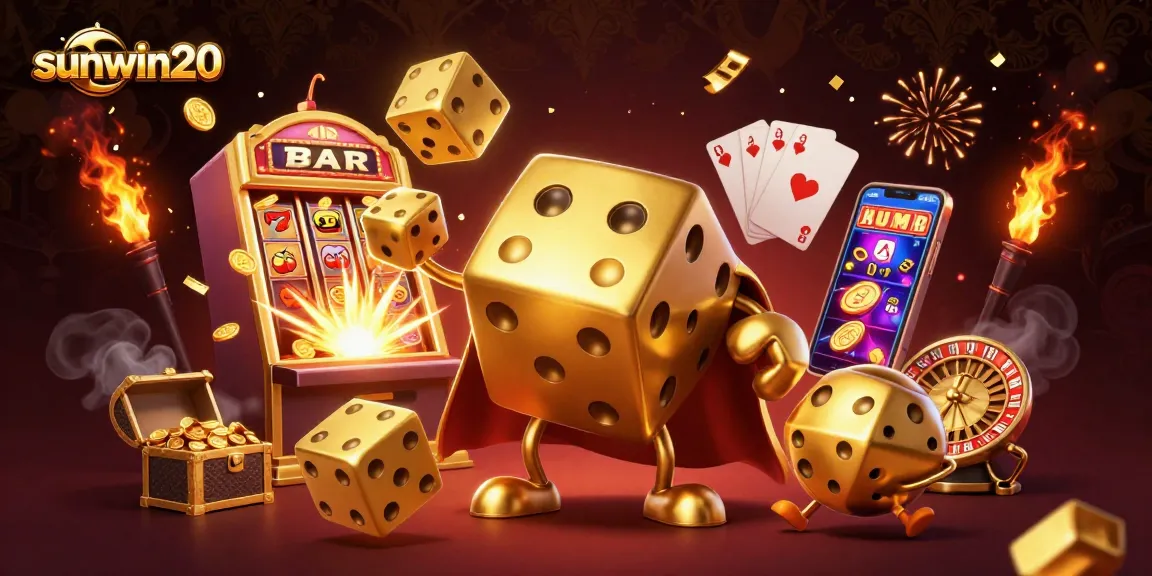 Experience the excitement of sunwin20 with an illustration of vibrant casino elements and dynamic characters in a colorful scene.
