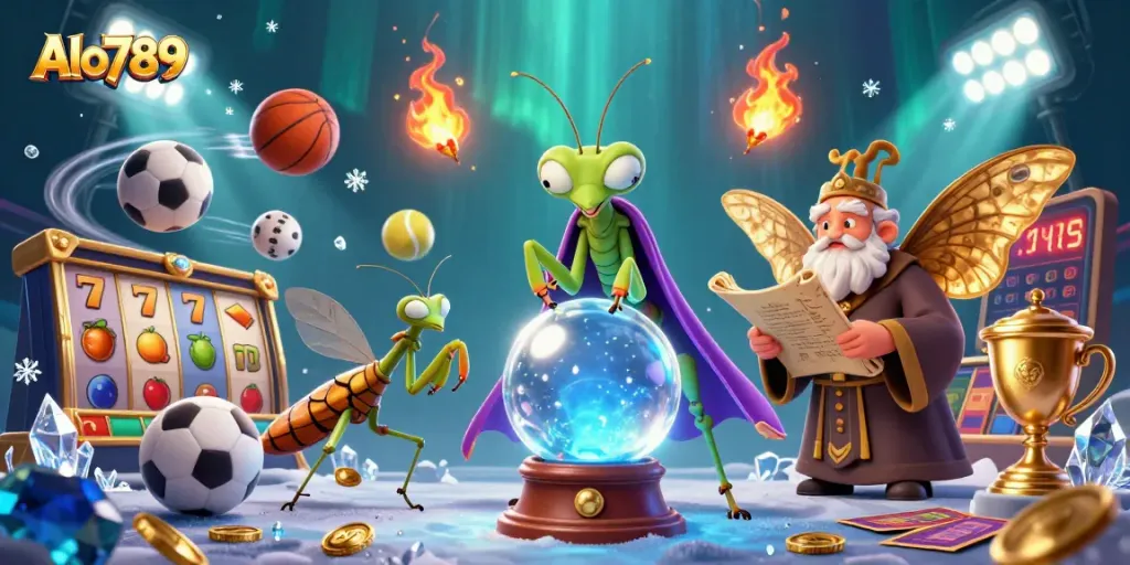 Alo789 illustrates a fortune teller and librarian in a lively casino scene brimming with slots and sports elements.
