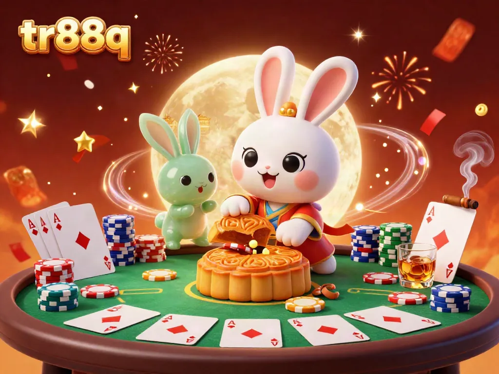 Experience the thrilling energy of tr88q with a vibrant 3D scene featuring a moon rabbit and poker elements.