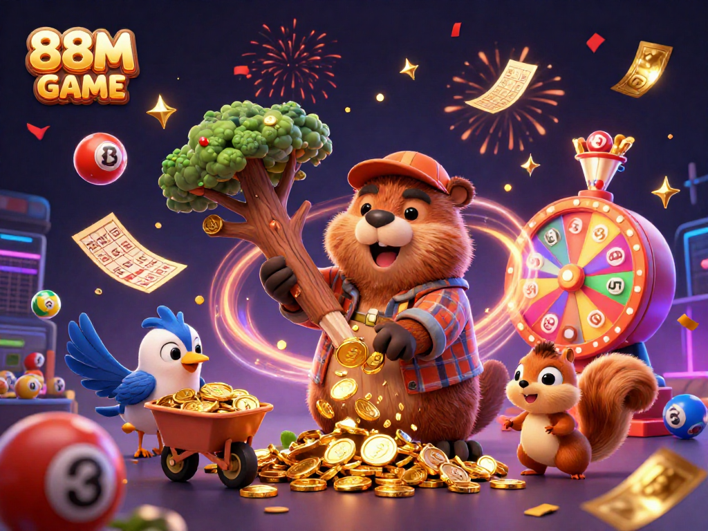 Experience thrilling gaming excitement with 88M GAME's vibrant casino illustration featuring golden coin rains and jackpot joy.
