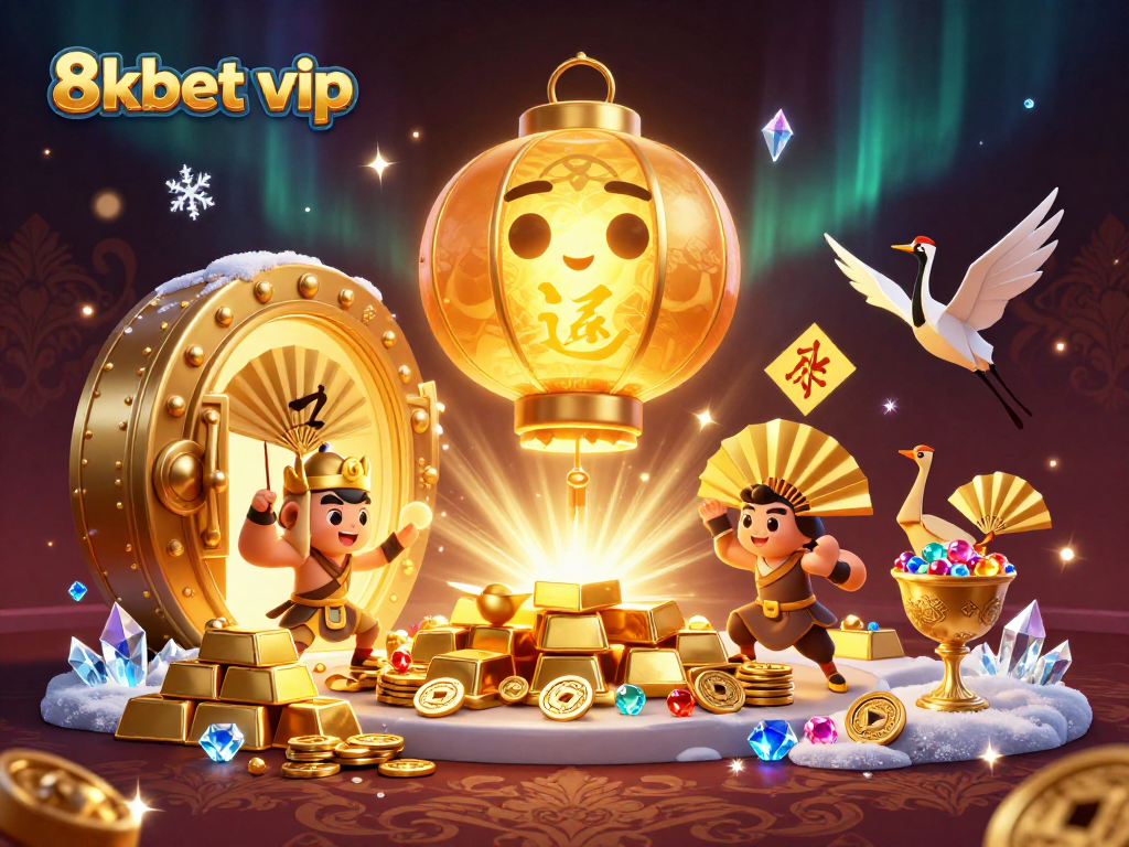 Experience the thrill at 8kbet vip with an enchanting casino scene featuring golden lantern spirits.