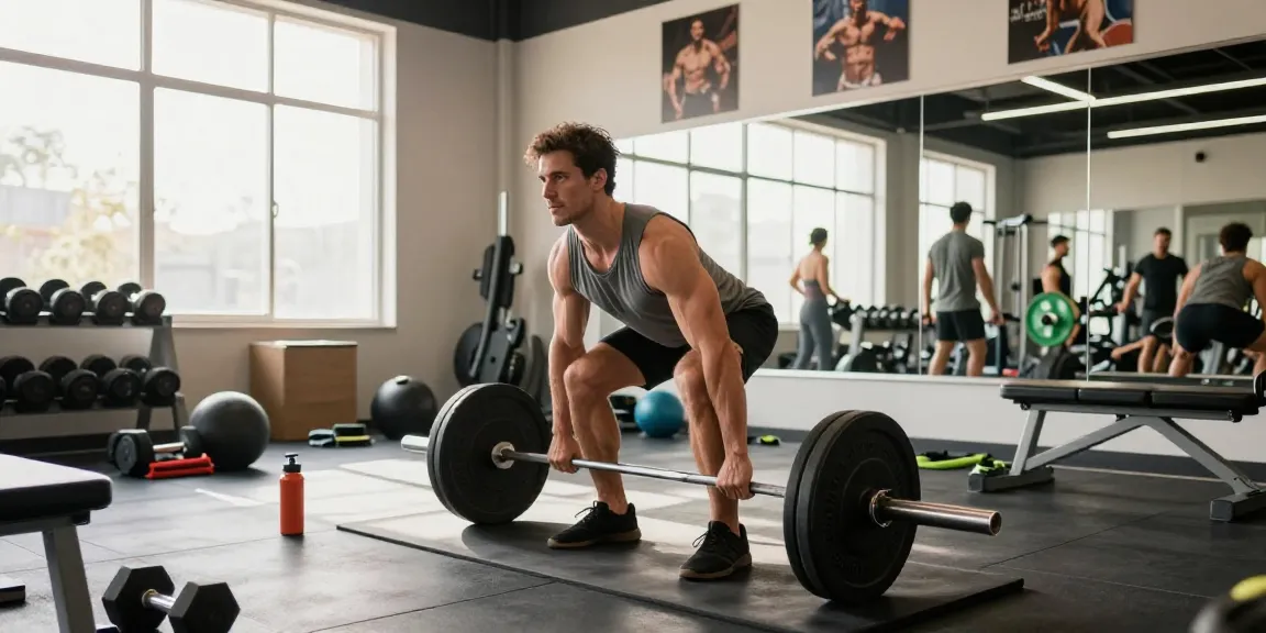 Man lifting weights in a bright gym focusing on Prime Pharma Steroiden for bodybuilding strength.