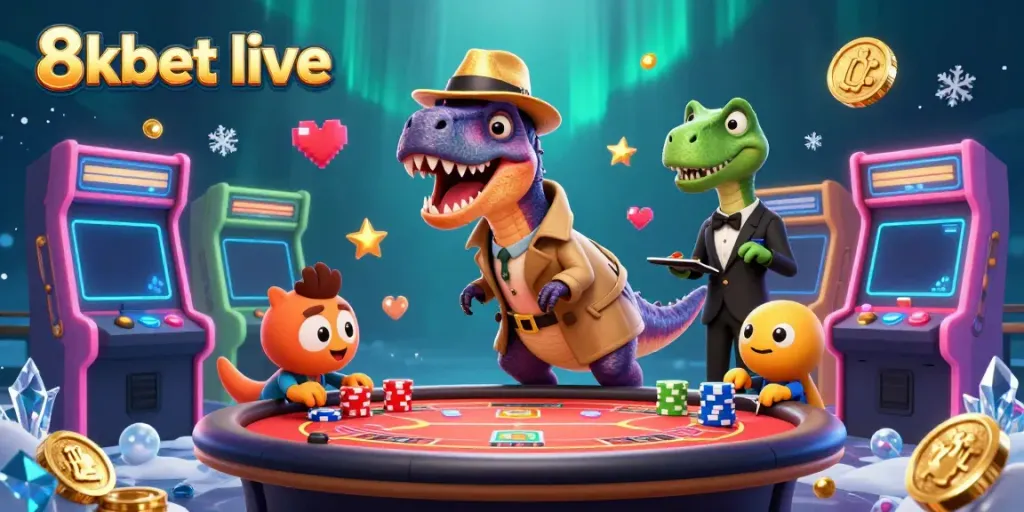 Experience 8xbet live gaming with a velociraptor card counter, stegosaurus pit boss, and a sneaky compy in a vibrant casino.