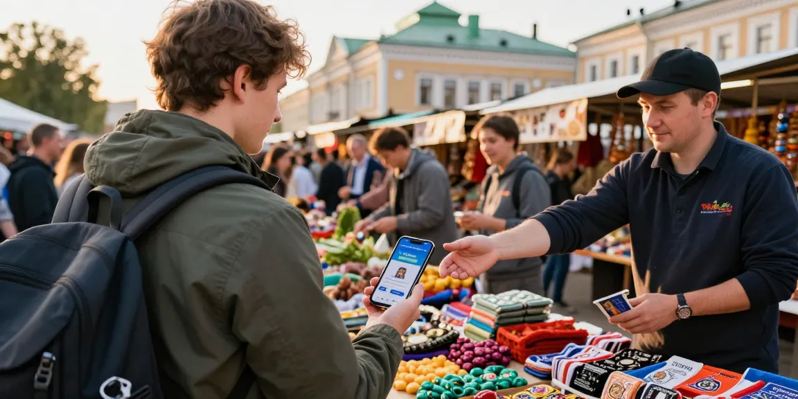 Ontdek de makkelijke betalingservaring met https://payinrussia.com/ op de markt in Rusland, waar een reiziger lokale producten koopt.