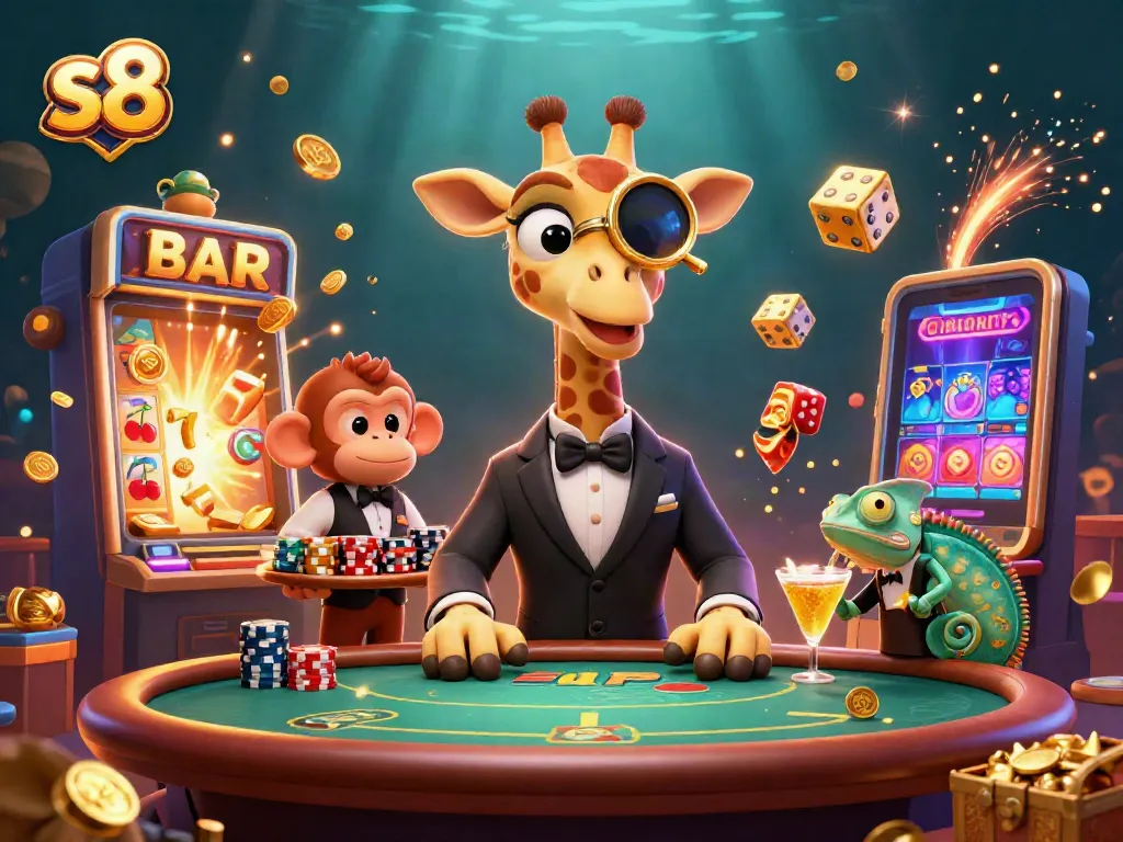 Experience thrilling gaming at s8 with a vibrant illustration of a giraffe at a poker table surrounded by casino elements.