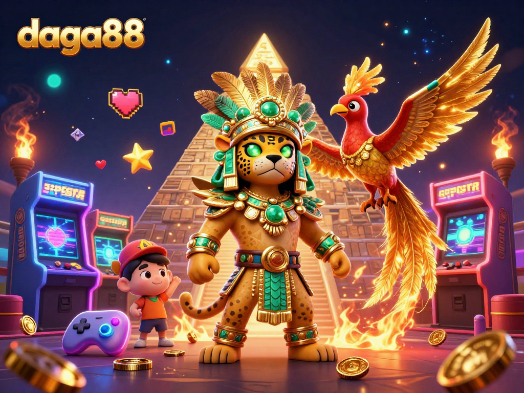Daga88 showcases a thrilling cockfighting scene featuring a Mayan jaguar priest and a quetzal bird amid vibrant gaming elements.