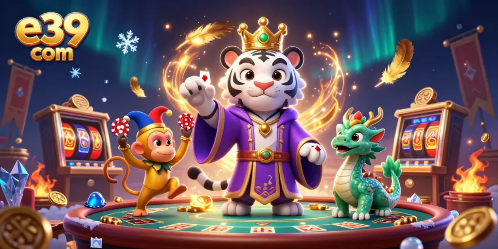 Engaging scene from e39 com showcasing a white tiger and monkey in a vibrant casino setting filled with gaming elements.