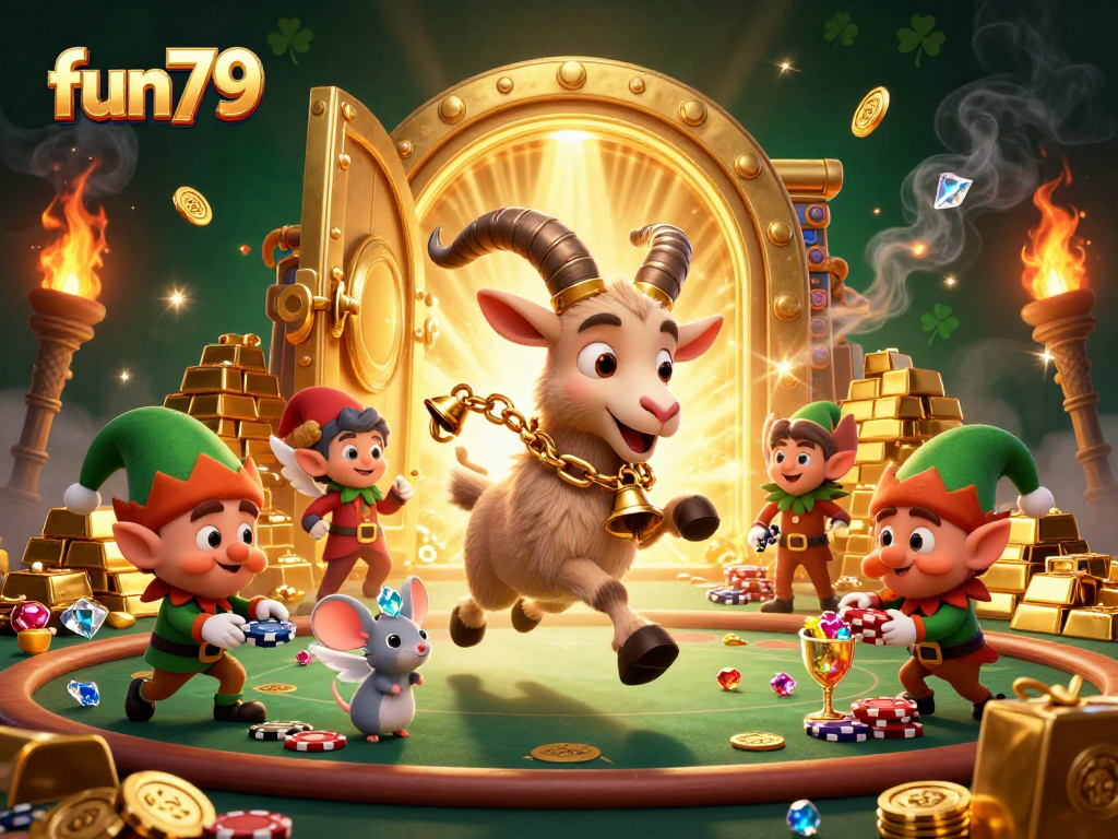 Play fun79 games at a lively casino where enchanting characters interact amid treasures.
