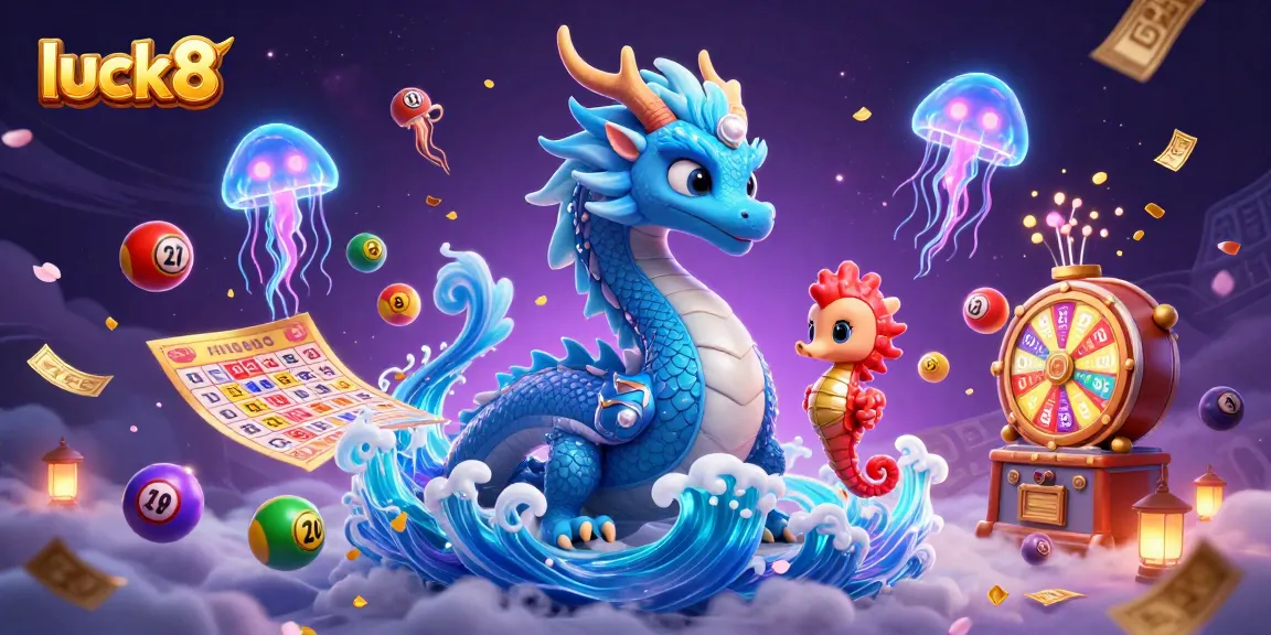 Engage with luck8 in an exciting animated lottery scene featuring an azure water dragon and coral armoured seahorse.