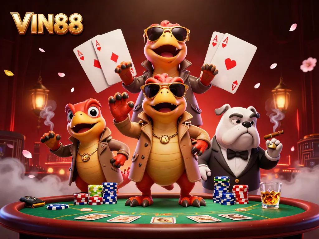 Experience the thrilling atmosphere of VIN88 with cartoon raptors in disguise at a VIP casino lounge.