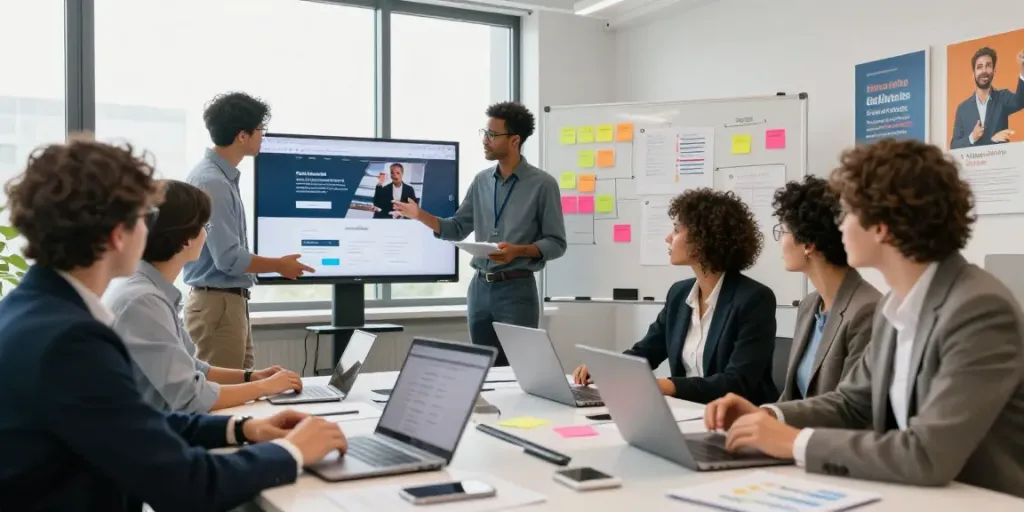 Zakelijke website maken met een professioneel team in een moderne kantooromgeving.