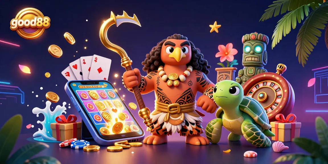 Engage with the good88 thrill in this vibrant casino scene featuring a Polynesian demigod and magical elements.