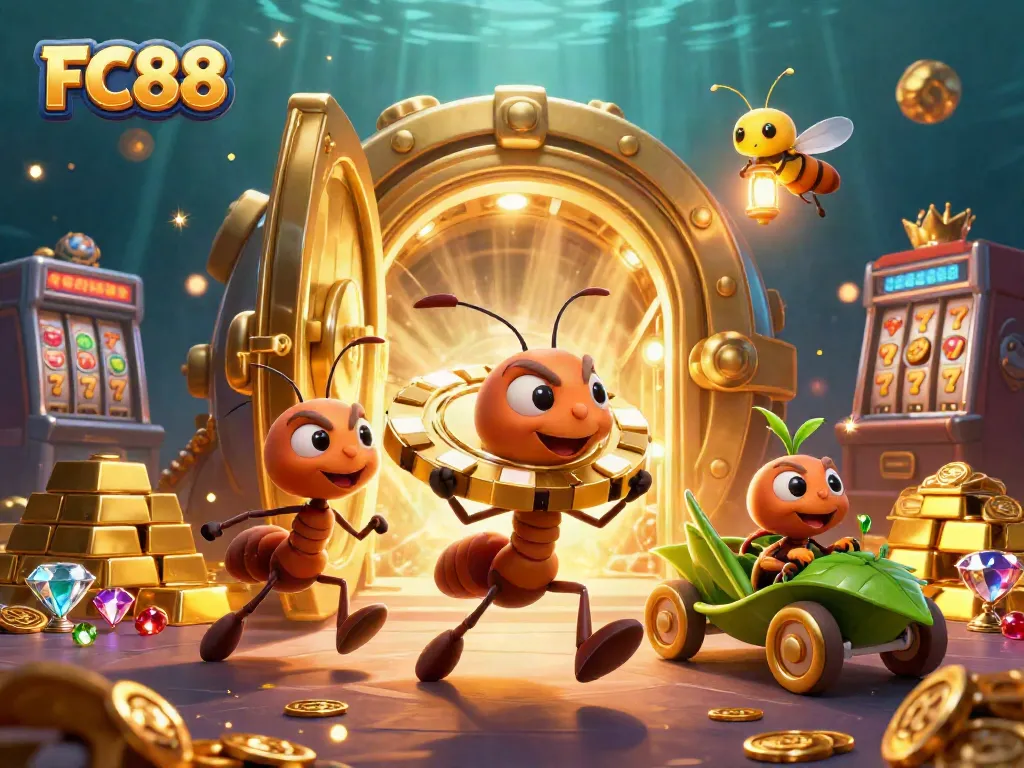 FC88 teams of ants caper through a winning treasure haul in a dynamic 3D casino scene.