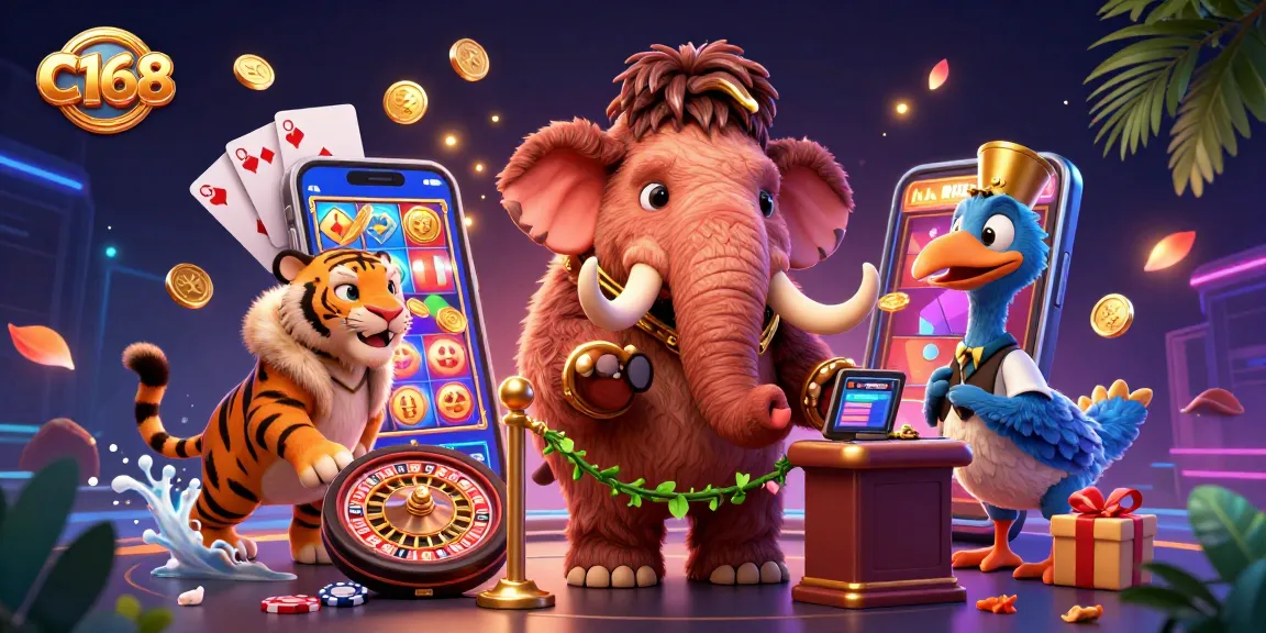 C168 casino bouncer checks IDs as VIP guests arrive amidst vibrant slot games and casino elements.