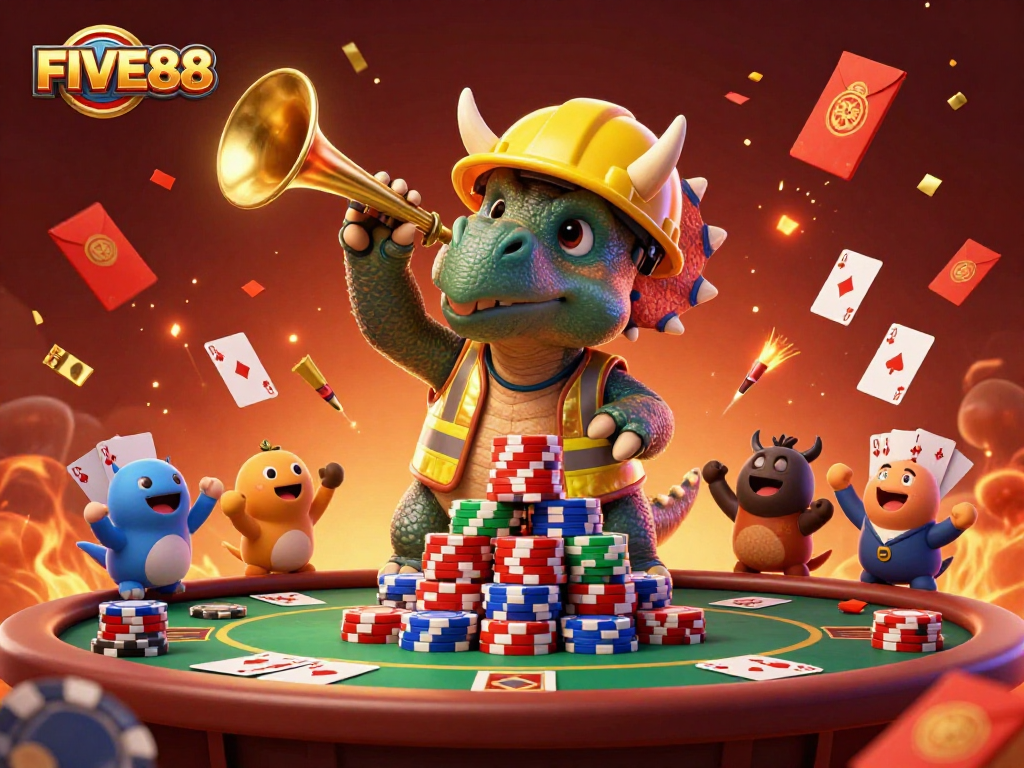 Experience the excitement of FIVE88 with a vibrant 3D casino celebration scene full of poker delights.