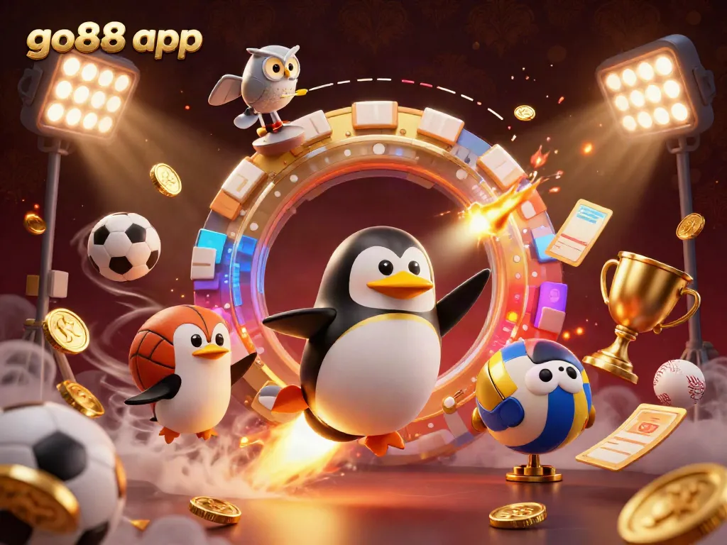 Interactive go88app illustration showcasing a golden penguin and casino elements in space.