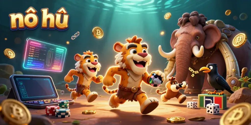 Experience nổ hũ excitement with 3D animated cavemen and stellar casino elements.