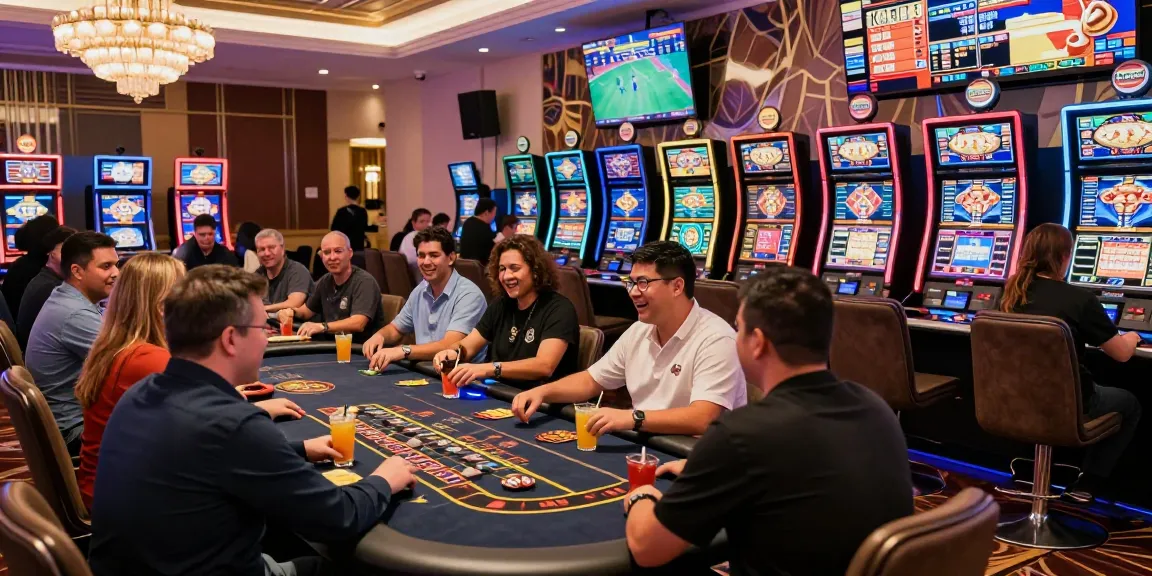 Thrilling experience at KO66 Casino with players enjoying games and cocktails in a lively atmosphere.