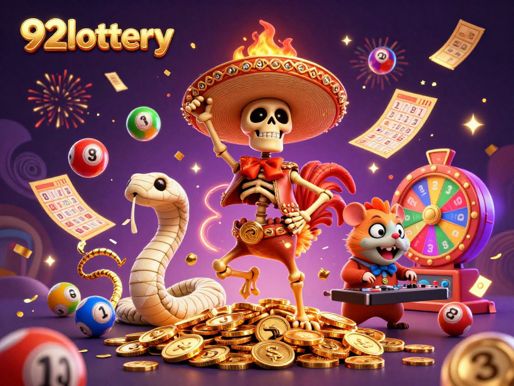 Experience the excitement of 92lottery with a vibrant illustration of cartoon characters celebrating prizes.