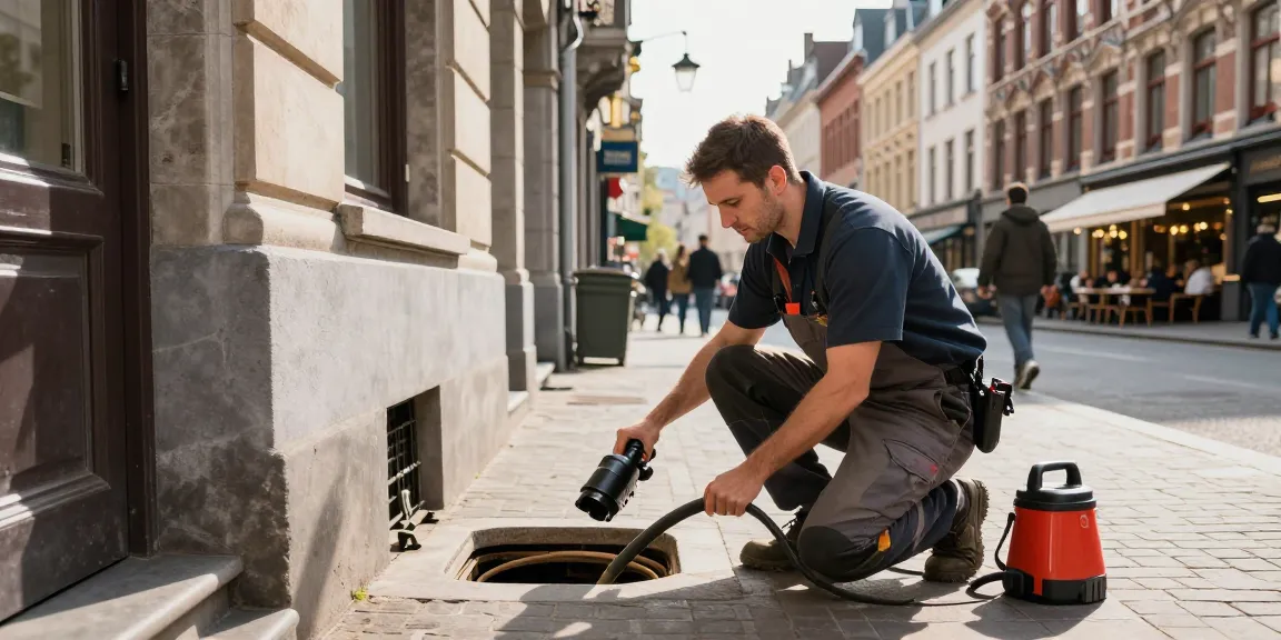 Professionele ontstopping Antwerpen service in drukke stadssituatie, met technicus die rioleringsproblemen onderzoekt