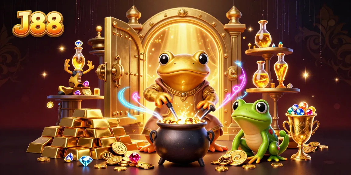 Capture the excitement in J88's rich casino world with gold coins and vibrant elements.