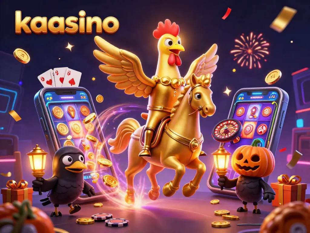 Kaasino showcases an epic casino adventure featuring a golden rooster and vibrant slot games.