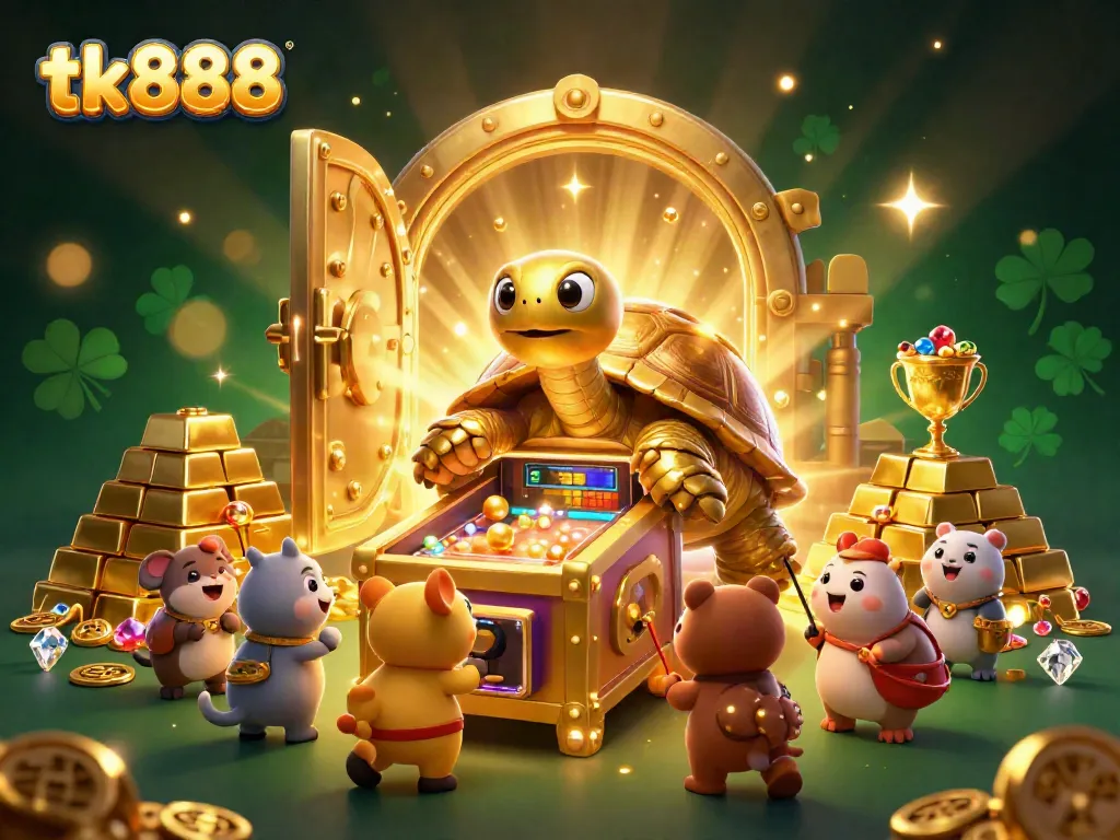 Engage in exciting gameplay at tk888 with a vibrant casino scene featuring a golden tortoise and treasure.